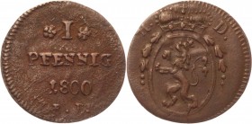 German States Hesse-Darmstadt 1 Pfennig 1800 
KM# 251; Copper 1.56g.; Ludwig X; VF-XF