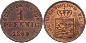 German States Hesse-Darmstadt 1 Pfennig 1869 
KM# 337; AKS# 131; J# 55; Copper 1.19g.; Ludwig III; XF