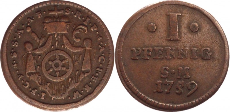 German States Mainz 1 Pfennig 1759 
KM# 294; Copper 2.34g.; Johann Friedrich Ka...