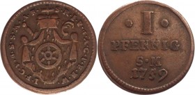 German States Mainz 1 Pfennig 1759 
KM# 294; Copper 2.34g.; Johann Friedrich Karl; XF