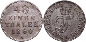 German States Mecklenburg-Schwerin 1/48 Thaler 1860 A
KM# 311; AKS# 44; J# 57; Silver 1.27g.; Friedrich Franz II; Mint: Berlin; AUNC