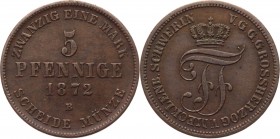 German States Mecklenburg-Schwerin 5 Pfennig 1872 B
KM# 317; AKS# 45; J# 62; Copper 7.42g.; Friedrich Franz II; Mint: Hannover; AUNC