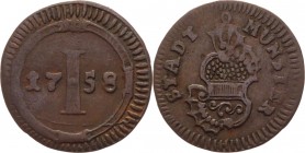 German States Munster 1 Pfennig 1758 
KM# 335; Copper 1.28g.; VF
