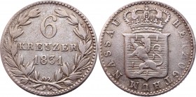 German States Nassau 6 Kreuzer 1831 
KM# 53; AKS# 47; J# 40; Silver 2.21g.; Wilhelm; VF-XF