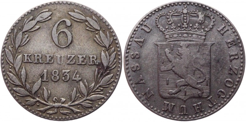 German States Nassau 6 Kreuzer 1834 
KM# 53; AKS# 47; J# 40; Silver 2.28g.; Wil...
