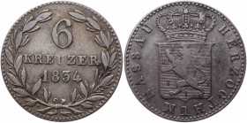 German States Nassau 6 Kreuzer 1834 
KM# 53; AKS# 47; J# 40; Silver 2.28g.; Wilhelm; VF