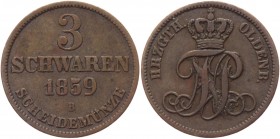 German States Oldenburg 3 Schwaren 1859 B
KM# 191; AKS# 32; J# 50; Copper 3.83g.; Nicolaus Friedrich Peter; VF