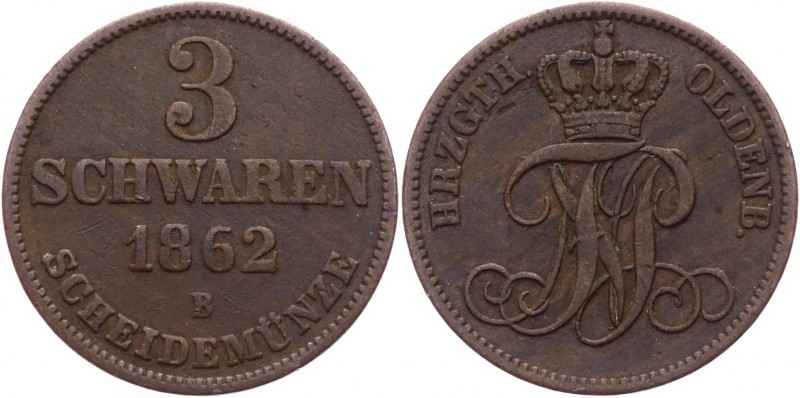 German States Oldenburg 3 Schwaren 1862 B
KM# 191; AKS# 32; J# 50; Copper 3.68g...