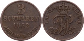 German States Oldenburg 3 Schwaren 1862 B
KM# 191; AKS# 32; J# 50; Copper 3.68g.; Nicolaus Friedrich Peter; VF-XF