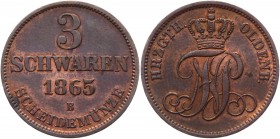 German States Oldenburg 3 Schwaren 1865 B
KM# 191; AKS# 32; J# 50; Copper 3.90g.; Nicolaus Friedrich Peter; XF