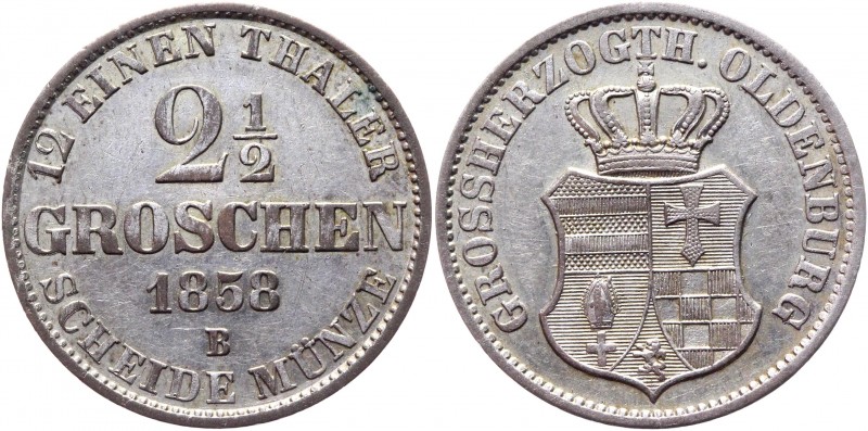 German States Oldenburg 2-1/2 Groschen 1858 B
KM# 195; Silver 3.01g.; Nicolaus ...