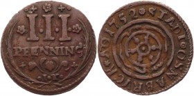 German States Osnabruck 3 Pfennig 1752 IW
KM# 182; C# 9; Copper 2.20g.; VF-XF