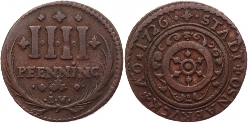 German States Osnabruck 4 Pfennig 1726 IW
KM# 184; C# 13; Copper 3.57g.; Mint: ...