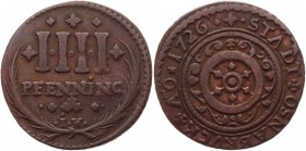 German States Osnabruck 4 Pfennig 1726 IW
KM# 184; C# 13; Copper 3.57g.; Mint: Osnabrück; VF-XF