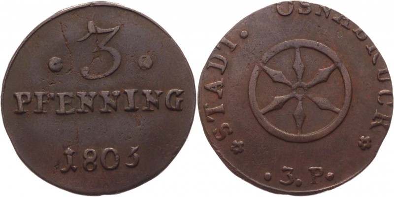 German States Osnabruck 3 Pfennig 1805 
KM# 288; C# 11; Weing# 374; Copper 4.39...
