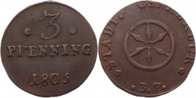 German States Osnabruck 3 Pfennig 1805 
KM# 288; C# 11; Weing# 374; Copper 4.39g.; VF-XF