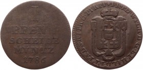 German States Paderborn 1 Pfennig 1786 
KM# 266; Weing# 674; Schwede# 353; Schön# 65; Copper 2.07g.; Friedrich Wilhelm; Mint: Braunschweig; F-VF