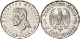Germany - Third Reich 2 Reichsmark 1934 F 
KM# 84; Silver 8,00g.; Birth of Schiller; AUNC