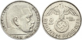 Germany - Third Reich 2 Reichsmark 1936 D
KM# 93; Silver; Paul von Hindenburg