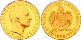 Albania 100 Franga Ari 1938 
KM# 26; Gold (.900) 32.13g 35mm; Zog I; 10th Anniversary of Reign