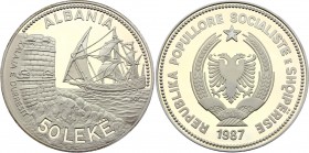 Albania 50 Leke 1987 Seaport of Durazzo
KM# 52.1; Silver (.925), 168.15g. Proof. Mintage 15000.