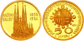 Andorra 50 Diners 1990 
KM# 62; Gold (.917) 16.87g 29mm; Proof; Joan Martí i Alanis; Antoni Gaudi; Mintage 3,000 Pcs!