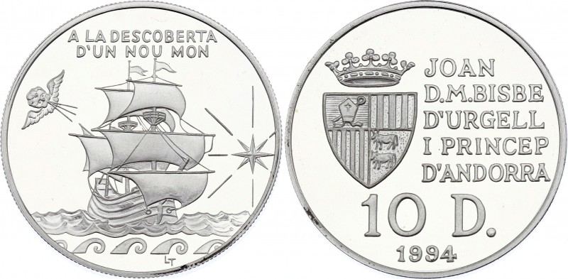 Andorra 10 Diners 1994 
KM# 98; Silver Proof; Ship, Discovery of the New World