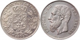 Belgium 5 Francs 1875 
KM# 24; Silver 24,99g.; Leopold II; XF-AUNC