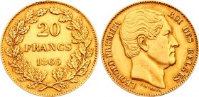 Belgium 20 Francs 1865 
KM# 23; Gold (.900) 6.38g 21mm; Leopold I