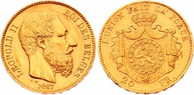 Belgium 20 Francs 1867 
KM# 32; Heavy coarser beard; Gold (.900) 6.45g 21mm; Leopold II