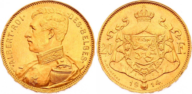 Belgium 20 Francs 1914 
KM# 78; Gold (.900) 6.45g 21mm; Albert I; French text; ...