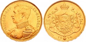 Belgium 20 Francs 1914 
KM# 78; Gold (.900) 6.45g 21mm; Albert I; French text; UNC