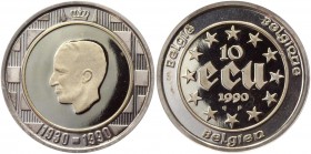 Belgium 10 Ecu 1990 
KM# 176; Bi-Metallic 5.30g (900) Gold center, (833) Silver ring, 22 mm.; 60th Birthday of King Baudouin; Proof
