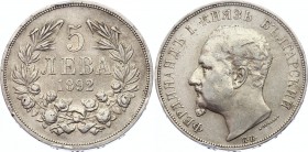 Bulgaria 5 Leva 1892 KB
KM# 15; Silver; Ferdinand I; XF