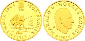 Denmark 1500 Kroner 1992 
KM# 442; Gold (.917) 16.85g 27mm; Proof; Olympic Games of 1994