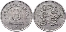 Estonia 3 Marka 1922 
KM# 2; Copper-Nickel 3,41g.; XF