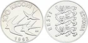 Estonia 100 Krooni 1992 
KM# 27; Silver Proof; Monetary Reform - Swallows