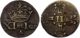 France Brass Monetary Coinweight “XI DE I GR” 1574 - 1589 (ND)
4.00g 19.5mm; Henry III