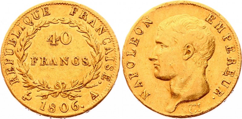 France 40 Francs 1806 A
KM# 675; Gold (.900) 12.73g 26mm; Unmounted