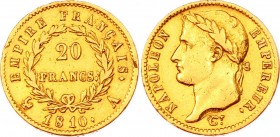 France 20 Francs 1810 A
KM# 695; Gold (.900) 6.37g 21mm; Napoleon I