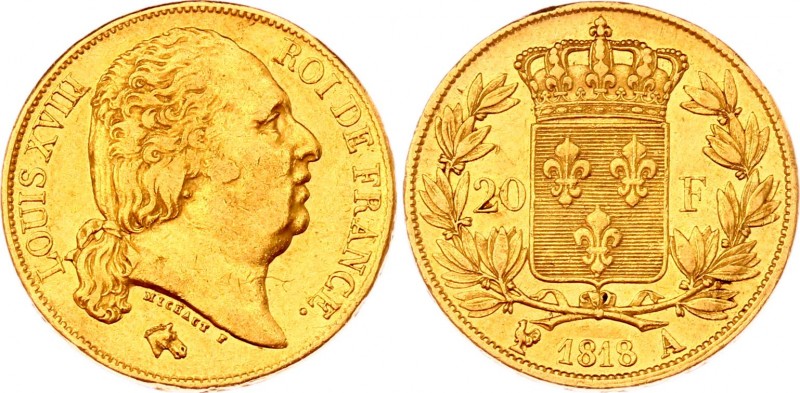 France 20 Francs 1818 A
KM# 712.1; Gold (.900) 6.36g 21mm; Nude bust; Louis XVI...
