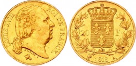 France 20 Francs 1818 A
KM# 712.1; Gold (.900) 6.36g 21mm; Nude bust; Louis XVIII