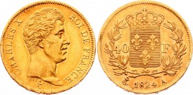 France 40 Francs 1824 A Rare!
KM# 721.1; Gold (.900) 12.90g 26mm; Charles X