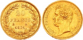 France 20 Francs 1831 A
KM# 739; Edge incused; Gold (.900) 6.45g 21mm; Louis-Philippe, Tiolier
