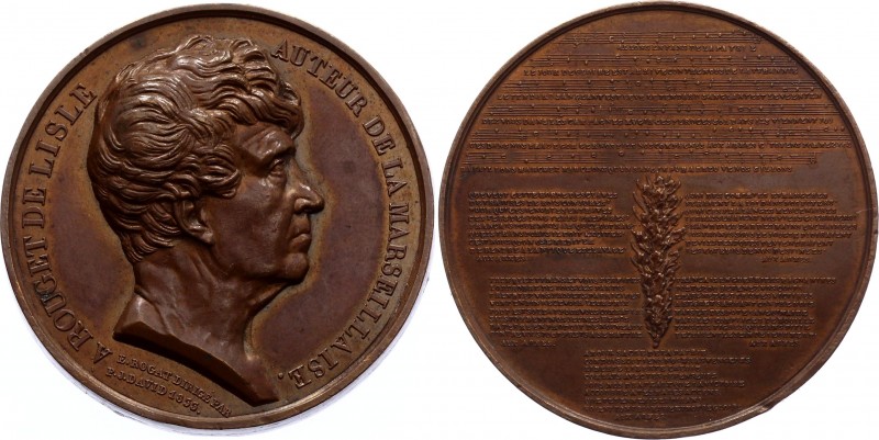 France Bronze Medal "Rouget de Lisle, Marseillaise" 1833 
Bronze 72.5g 50mm; By...