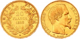 France 20 Francs 1858 A
KM# 781; Gold (.900) 6.34g 21mm; Napoleon III