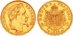 France 20 Francs 1869 A
KM# 801; Gold (.900) 6.45g 21mm; Napoleon III; aUNC