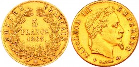 France 5 Francs 1863 BB
KM# 803; Gold (.900) 1.58g 17mm; Napoleon III