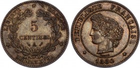 France 5 Centimes 1880 A Lamination Error
KM# 821.1; UNC, Mint Luster Remains!