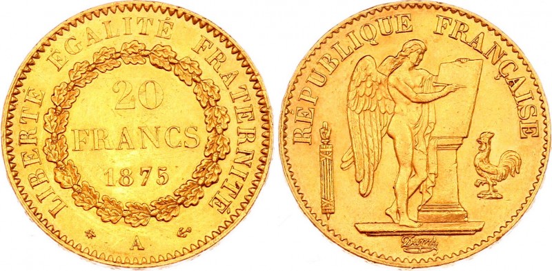 France 20 Francs 1875 A
KM# 825; Gold (.900) 6.45g 21mm; UNC